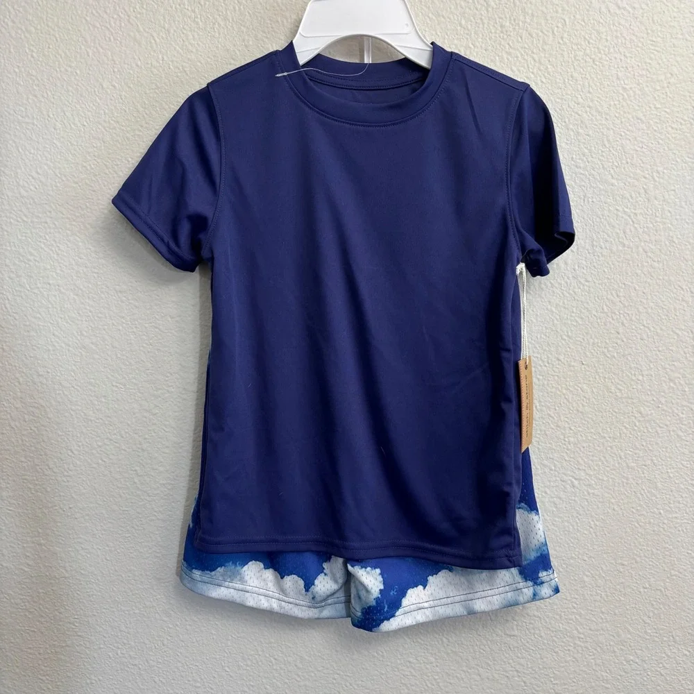 Stitch & Stone Kids Size 7 Blue Cloud Print Mesh Shorts T-Shirt Swim Set NEW
